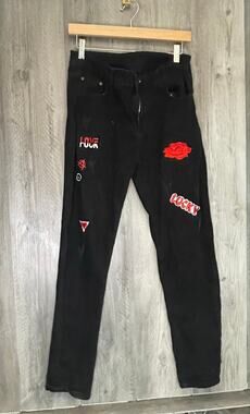 Fashion Denim Mens Jeans Size 30 Black Embroidered Rose Lucky Graphic Streetwear